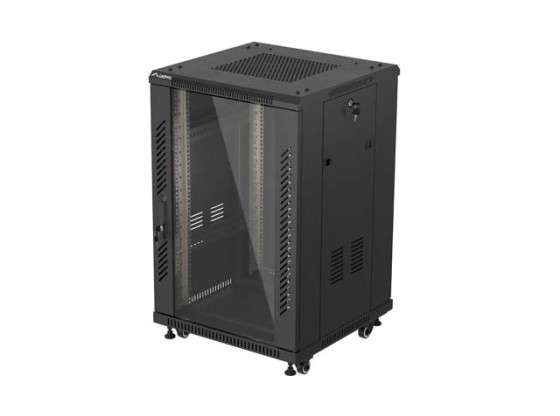 19-Zoll-Rack-Schrank, freistehend, 18 HE/600 × 600 (Flachpack) mit Glastür, schwarz, LANBERG