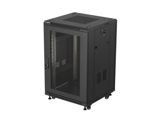 19-Zoll-Rack-Schrank, freistehend, 18 HE/600 x 600 (Flachpack), mit Gittertür, schwarz, LANBERG