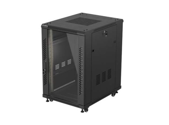 19-Zoll-Rack-Schrank, freistehend, 18 HE/600 × 800 (Flachpack) mit Glastür, schwarz, LANBERG