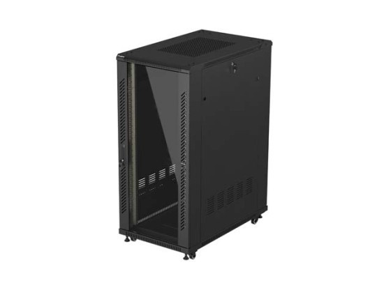 19-Zoll-Rack-Schrank, freistehend, 27 HE/600 x 1000 (Flachpack) mit Glastür, schwarz, LANBERG