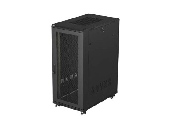 19-Zoll-Rack-Schrank, freistehend, 27 HE/600 × 1000 (Flachpack) mit Gittertür, schwarz, LANBERG