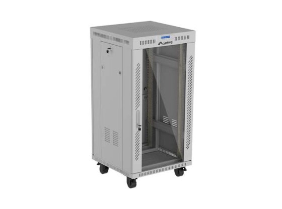 19"-Rack-Schrank, freistehend, 22 HE/600 x 600 (Flachpack) mit Glastür, LCD, grau, LANBERG V2