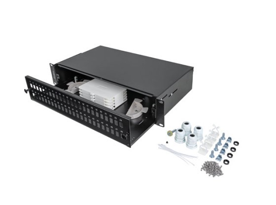 19"-Rackmontage, 2U, Glasfaser-Patchpanel LANBERG 48XSC Simplex/48XLC Duplex, schwarz + Zubehör