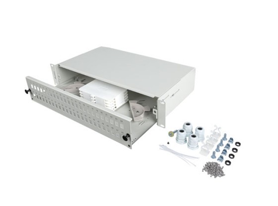 19"-Rackmontage, 2U, Glasfaser-Patchpanel LANBERG 48XSC Simplex/48XLC Duplex, grau + Zubehör