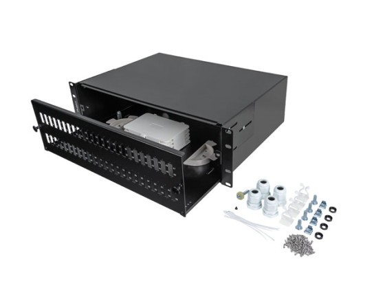 19"-Rackmontage, 3U, Glasfaser-Patchpanel LANBERG 48XSC Duplex / 48XLC Quad, schwarz + Zubehör
