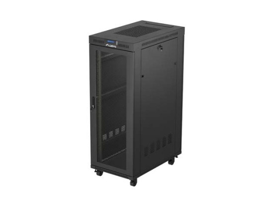 19-Zoll-Rack-Schrank, 32 HE, 600 x 1000, schwarz, bodenstehend, mit perforierter LCD-Tür von LANBERG (zusammengeklappt)