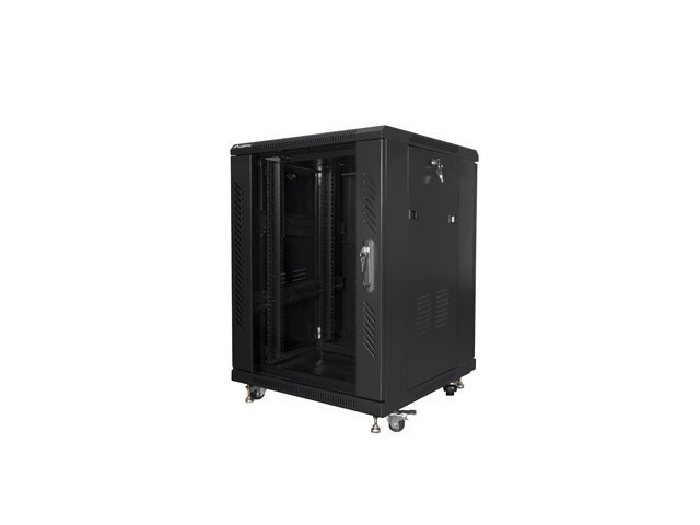 RACKSCHRANK 19" FREISTEHEND 15U/600X600 MIT GLASTÜR SCHWARZ LANBERG (MONTIERT)
